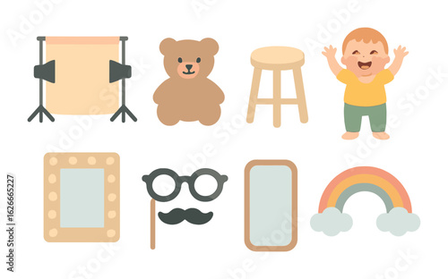 Kids Photo Studio Icons. Flat vector mini-illustrations Studio photoshoot with kids in colors children's
