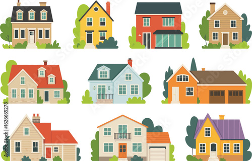 House exterior front view residential town building set
