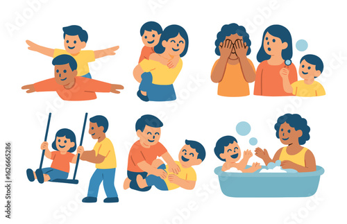 Playful Parent-Child Icons. Flat vector mini-illustrations Playful parent-child moments in colors children's