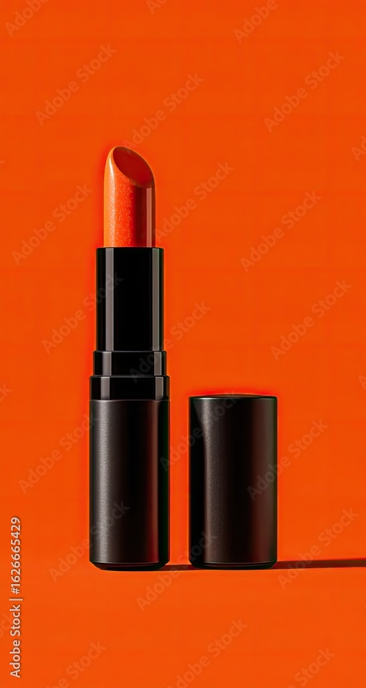 Obraz premium A vibrant orange-red lipstick in a black tube