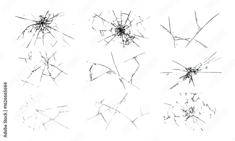 Vector collection of shattered and cracked glass effects featuring jagged broken lines, impact cracks, fissures, and smashed textures. Ideal for graphic design, realistic art, and digital overlays