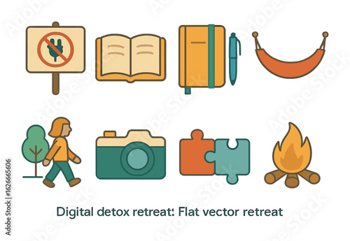 Digital Detox Icons. Flat vector mini-illustrations Digital detox retreat in colors children's illustrations: