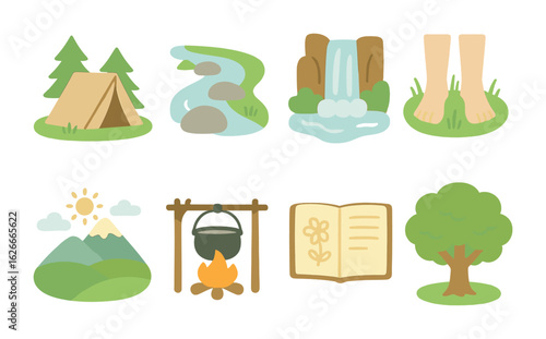 Nature Retreat Icons. Flat vector mini-illustrations Nature healing retreats in colors children's