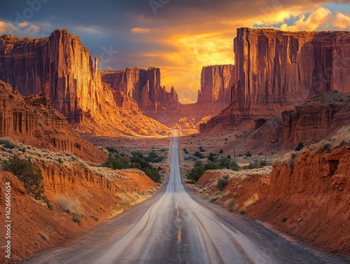 Breathtaking desert landscape with a long, straight road vanishing into the horizon, flanked by towering red rock formations under a dramatic golden hour sunset sky.