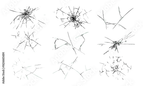 Vector collection of shattered and cracked glass effects featuring jagged broken lines, impact cracks, fissures, and smashed textures. Ideal for graphic design, realistic art, and digital overlays
