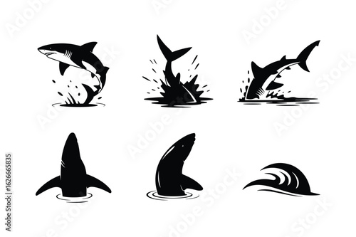 Dynamic shark silhouettes breaching water and diving black white