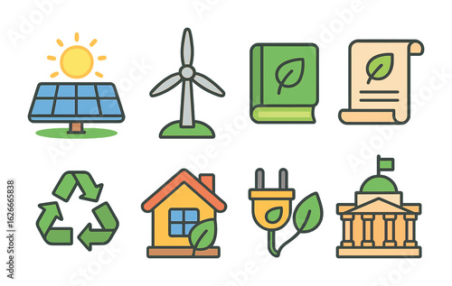 Eco Policies for Kids. Flat vector mini-illustrations Renewable energy policies in colors children's