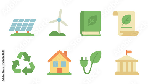 Eco Policies for Kids. Flat vector mini-illustrations Renewable energy policies in colors children's