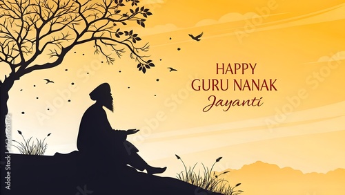 Silhouette of guru nanak dev ji under a tree on guru nanak jayanti