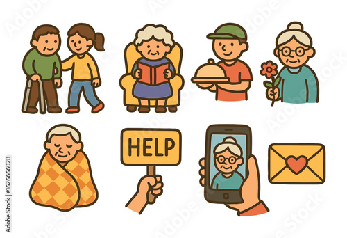 Elderly Care Icons. Flat vector mini-illustrations Elderly support initiatives in colors children's