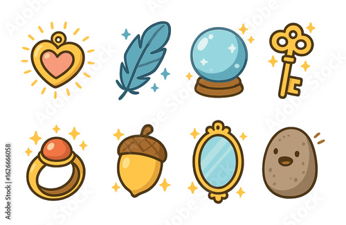 Charmed Object Icons. Flat vector mini-illustrations Charmed objects in colors children's illustrations:
