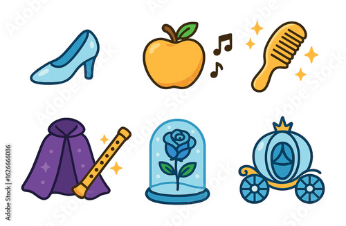 Magical Fairytale Objects. Flat vector mini-illustrations Fairytale items with powers in colors children's