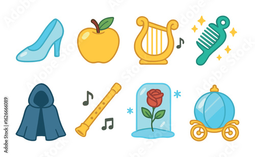 Magical Fairytale Objects. Flat vector mini-illustrations Fairytale items with powers in colors children's