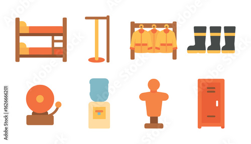 Fire Station Mini Icons. Flat vector mini-illustrations Fire station interior in colors children's