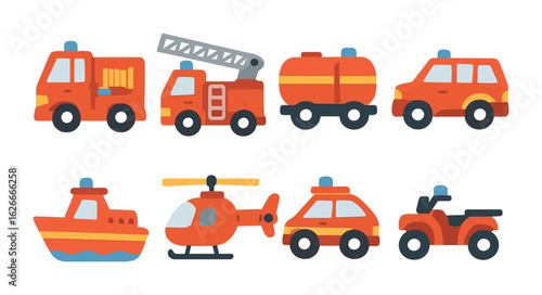 Fire Department Vehicles Icons. Flat vector mini-illustrations Fire department vehicles in colors children's
