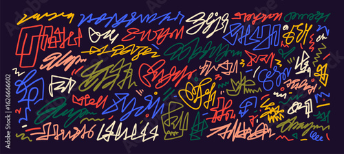 Colorful abstract graffiti fake signatures or hand drawn autographs. Abstract street graffiti lettering elements.