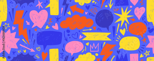 Crayon drawn playful funky speech bubbles seamless pattern. Doodle pencil scribbles, cute elements, text balloons.