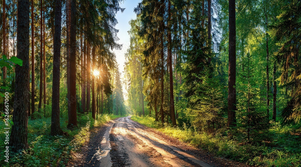 Fototapeta premium Forest Path With Sunlight Through Trees