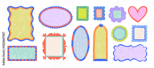 Colorful funky vintage frames with crayon drawn texture. Hand drawn decorative whimsical borders.