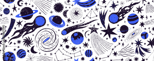 Hand drawn cosmic and starry seamless pattern. Crayon drawn stars, comets and planets.