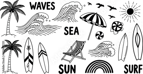 Vector art of collection of handdrawn summer beach elements including waves, palm trees, surfboards, sun, umbrella, and deck chair, perfect for vacation and travel designs