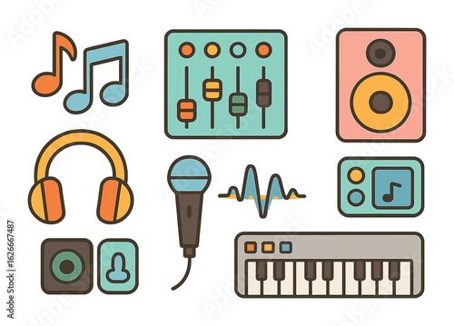 Children's Music Tools. Flat vector mini-illustrations Freelance music producer in colors children's