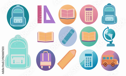 A flat-style icon set featuring backpacks, globes, calculators, books, and rulers in playful, colorful tones
