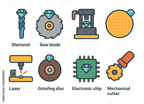 Industrial Diamonds Icons. Flat vector mini-illustrations Industrial uses of diamonds in colors children's