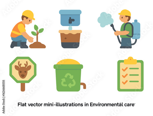 Eco-Friendly Mining Icons. Flat vector mini-illustrations Environmental care in mining zones in colors