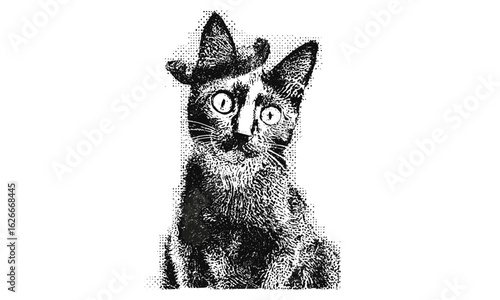 Surreal creepy Halloween cat collage featuring retro vintage stippling and grunge dotted texture. Experimental photocopy effect for psychedelic horror poster and spooky vector tattoo
