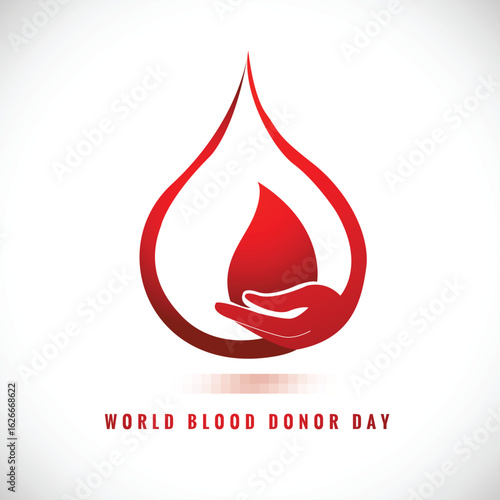 World Blood Donor Day Vector Logo with Hand Holding Blood Drop inside a Larger Drop for Donation Campaign, Medical Poster, and Health Care Design.