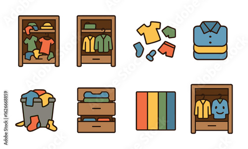 Closet Transformation Icons. Flat vector mini-illustrations Closet makeover before and after in colors