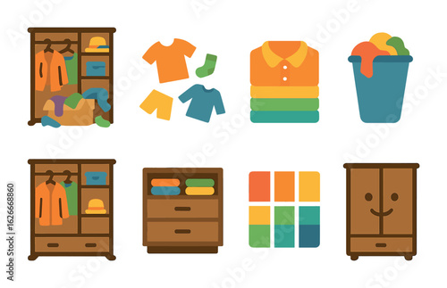 Closet Transformation Icons. Flat vector mini-illustrations Closet makeover before and after in colors