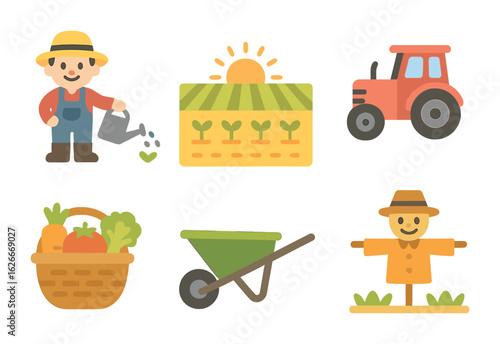 Farming at Sunrise. Flat vector mini-illustrations A farmer tending to crops in a vast field during sunrise in