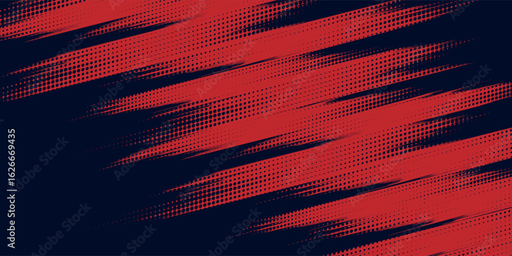 Fototapeta premium Red halftone dots blue color pattern gradient grunge texture background. Dot pop art comic sport style vector illustration