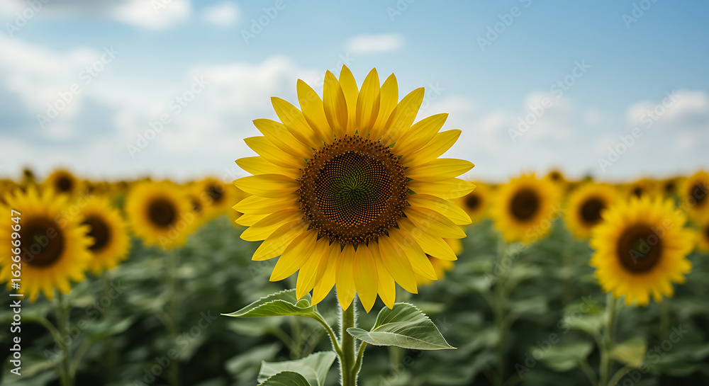 Fototapeta premium A vibrant yellow sunflower in focus against a blurred field on a sunny day