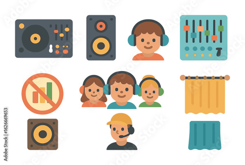Children's Music Control Icons. Flat vector mini-illustrations Music venue sound control in colors children's