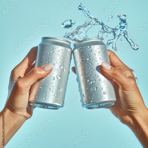 Two hands clinking silver beverage cans, creating a splash of water droplets in mid air