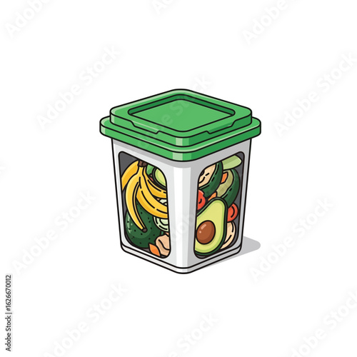 A clear container filled with various fruits and vegetables for composting.