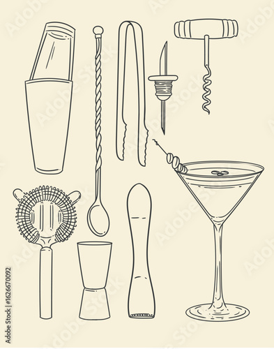 Set of original hand-drawn cocktail illustrations in a minimalist, linear style. Cocktail and alcoholic beverage preparation tools for posters, cards, bartending, bars, cocktails, and graphic design.