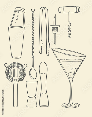 Set of original hand-drawn cocktail illustrations in a minimalist, linear style. Cocktail and alcoholic beverage preparation tools for posters, cards, bartending, bars, cocktails, and graphic design.