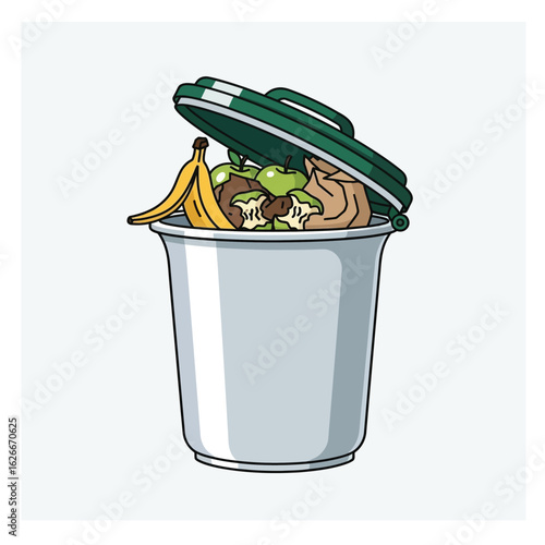 A compost bin overflowing with organic waste, including fruit and vegetable scraps.