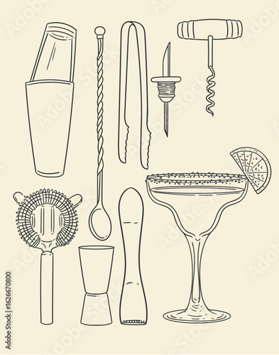 Set of original hand-drawn cocktail mixology illustrations in a linear minimalist style. Cocktail making tools and alcoholic drinks for posters, cards, bars, cocktail making, and graphic design.
