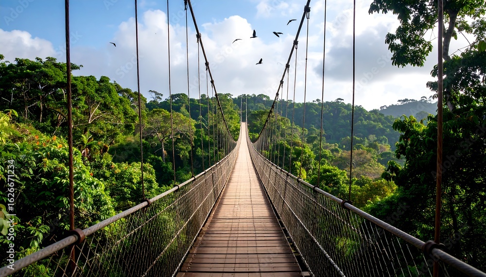 Obraz premium Walking on a Suspension Bridge Through Lush Green Forest Canopy