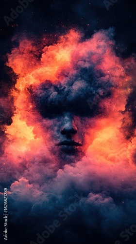 Wallpaper Mural A stunning face emerges from vibrant clouds of orange and purple hues Torontodigital.ca