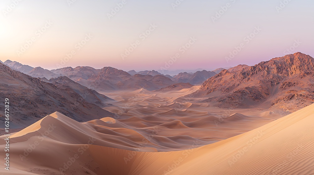 Naklejka premium 1. Desert sand dunes under soft twilight sky with gentle wind lines, showing smooth golden dunes with delicate ripples shaped by soft evening breeze under pastel purple and orange horizon