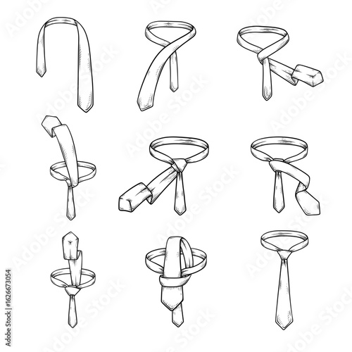 collection of tie sets with hand drawn line art illustrations