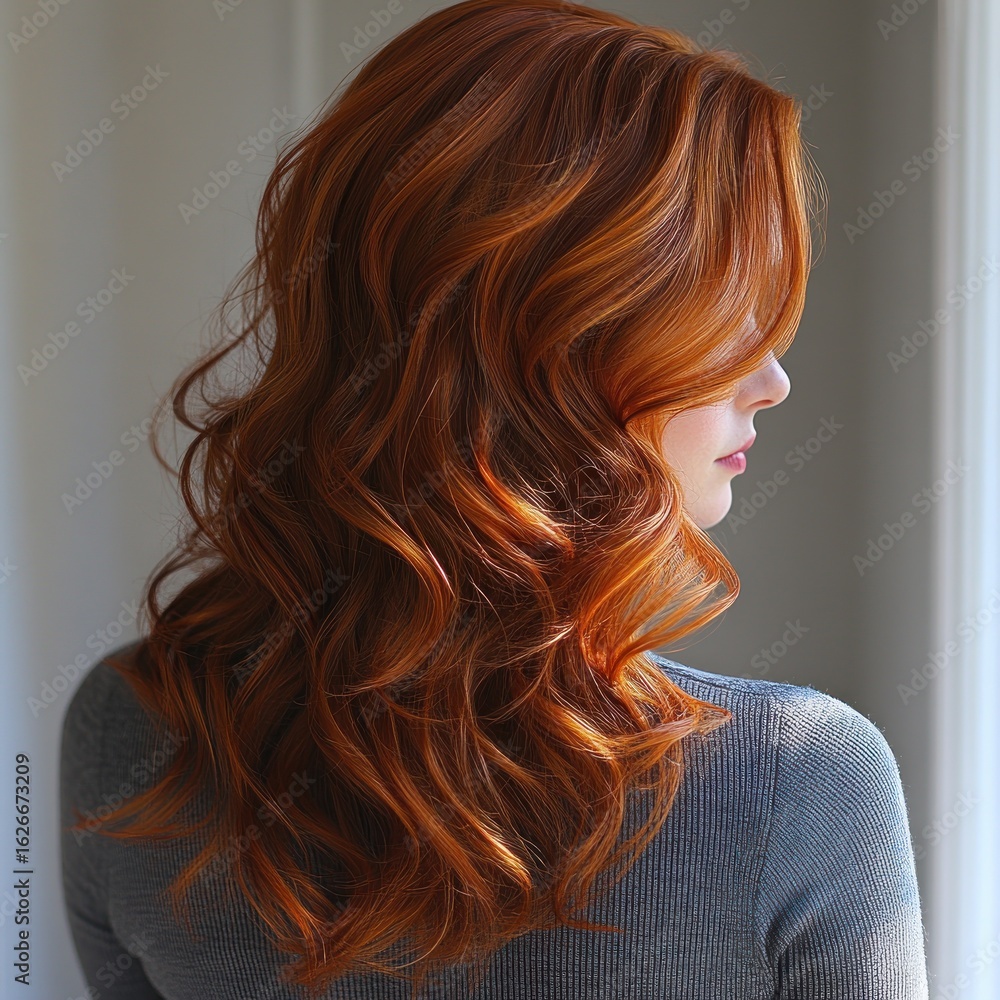 Obraz premium Striking golden red hair flows elegantly over shoulders, illuminated by morning sunlight