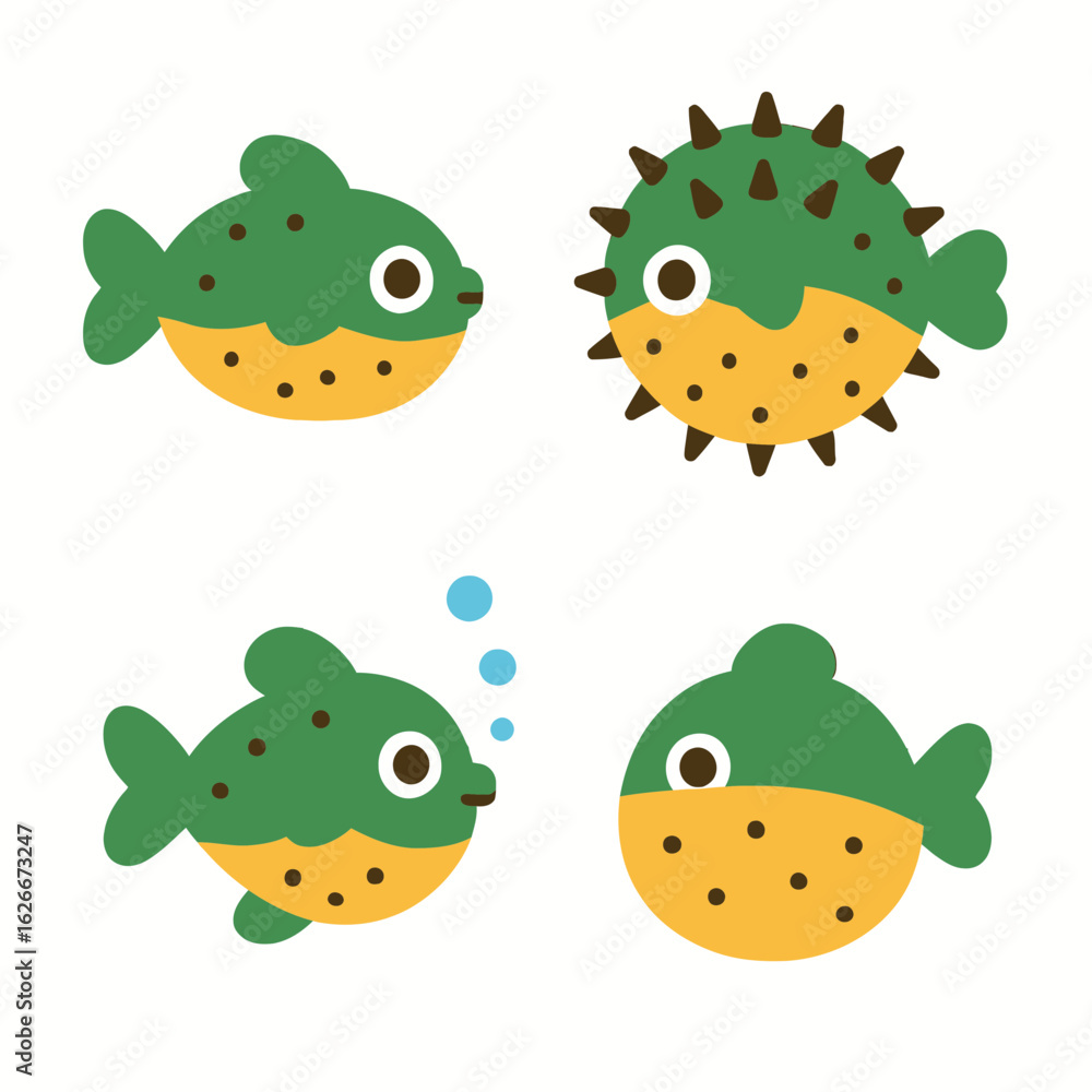Obraz premium Cute Cartoon Pufferfish Character Set