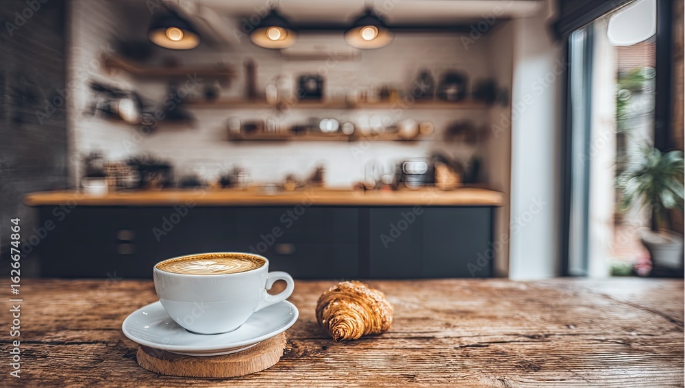 Obraz premium Latte in a white cup on a rustic wooden table in a cafe